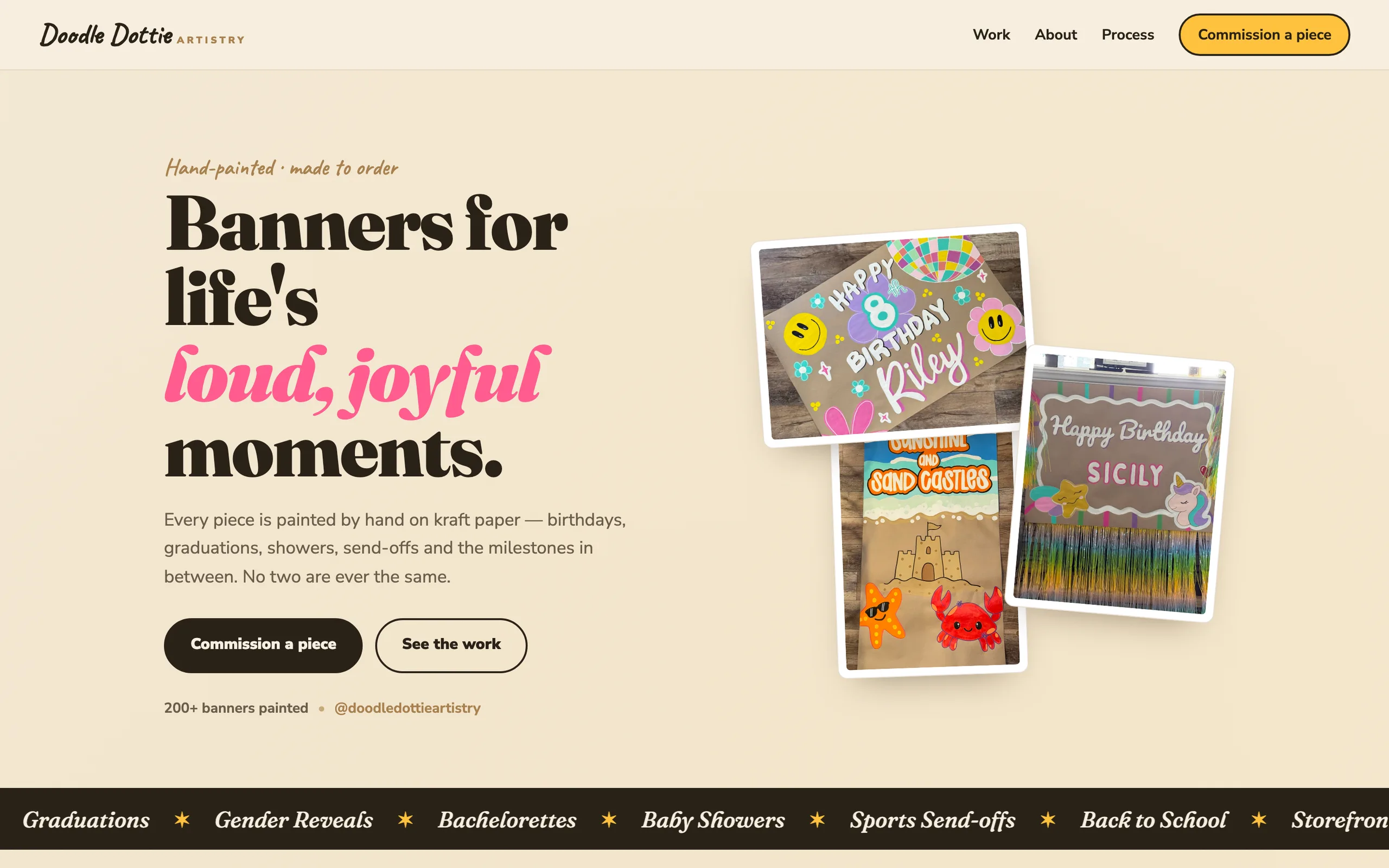 Doodle Dottie's site, selling hand-painted banners made to order