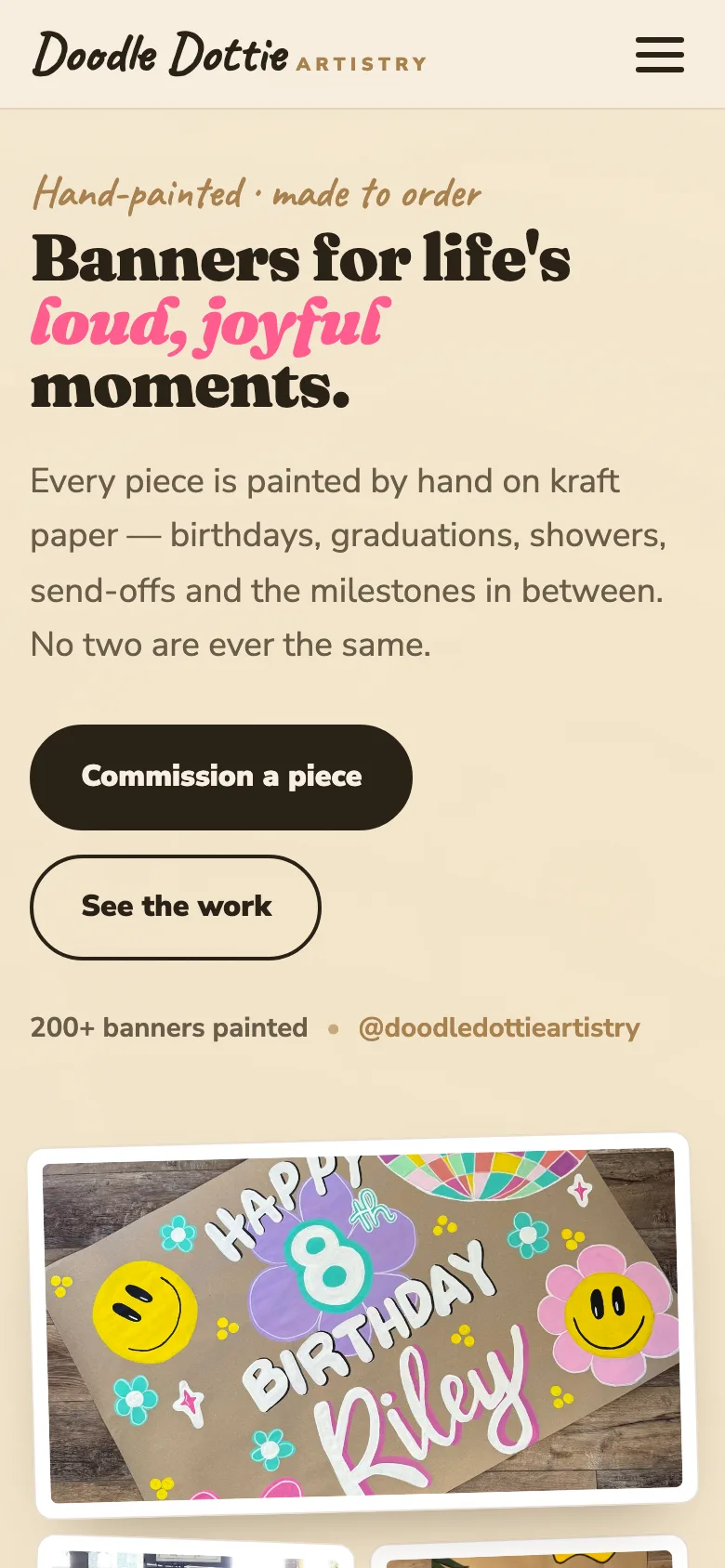 Doodle Dottie's site on a phone, with the same hand-painted banners