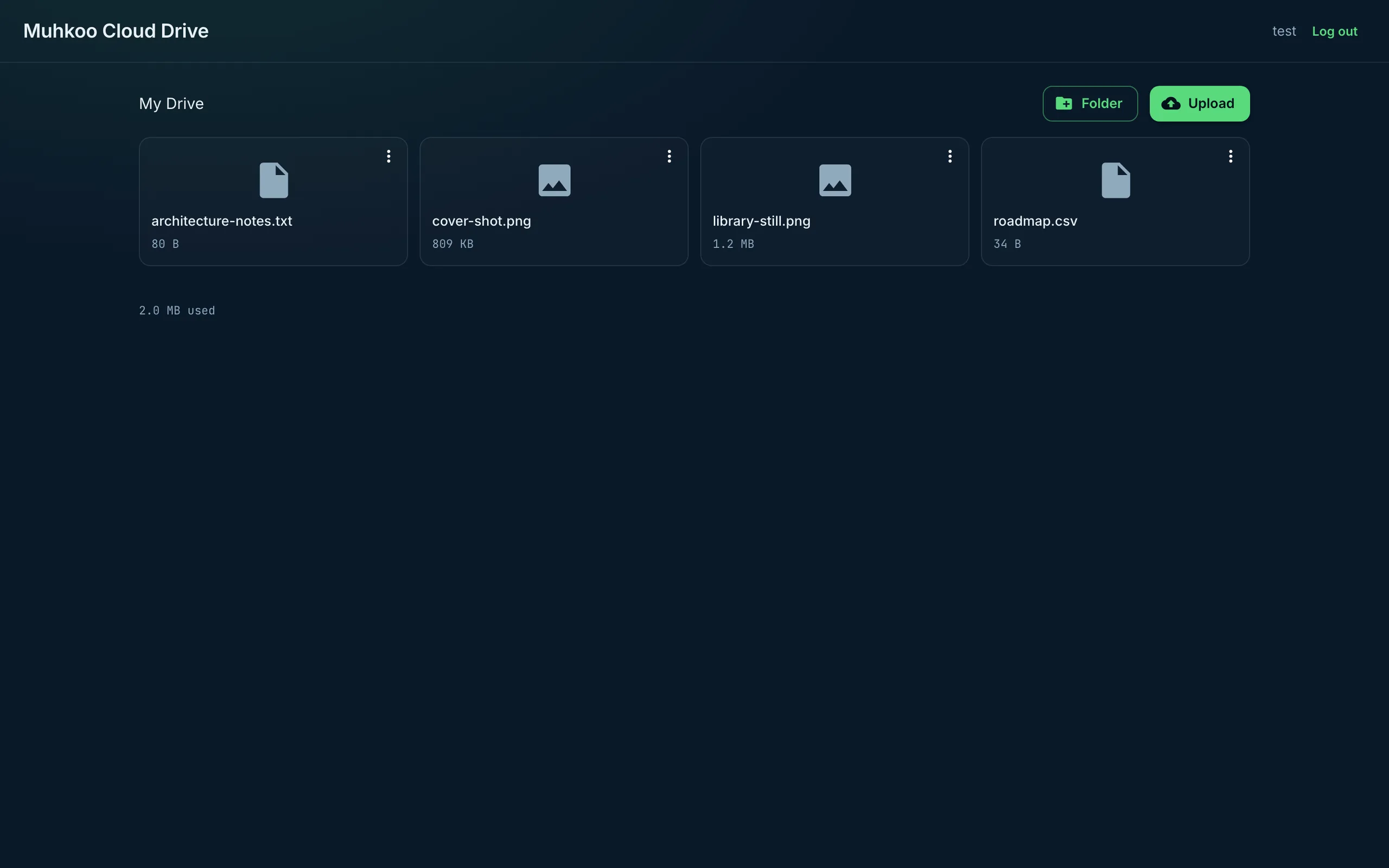 Cloud Drive showing a user's files, with Upload and Folder buttons