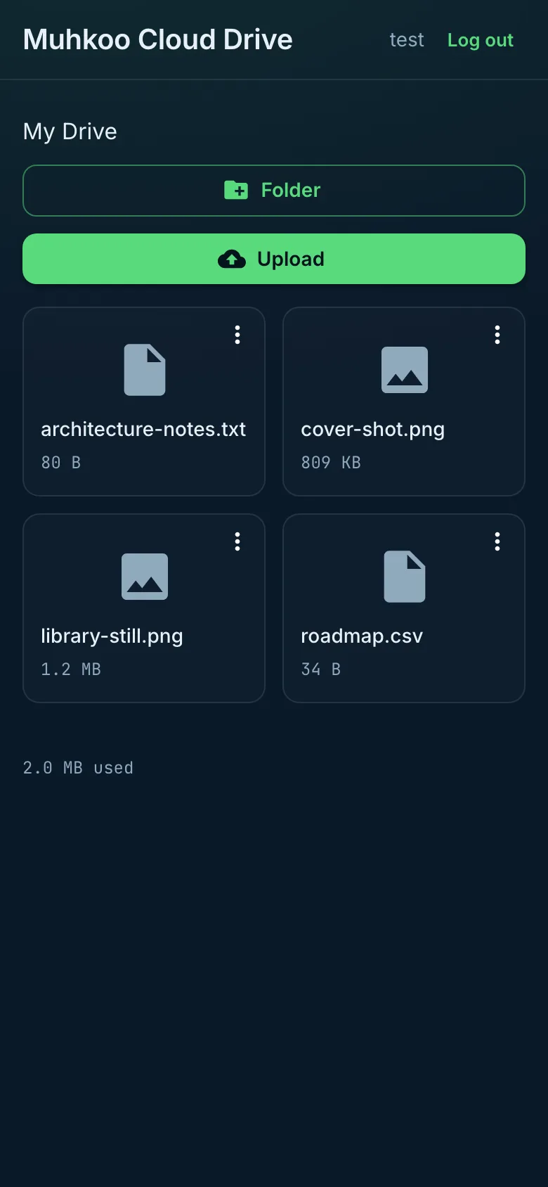 Cloud Drive, a file app built on Muhkoo, on a phone: a user's files with their sizes