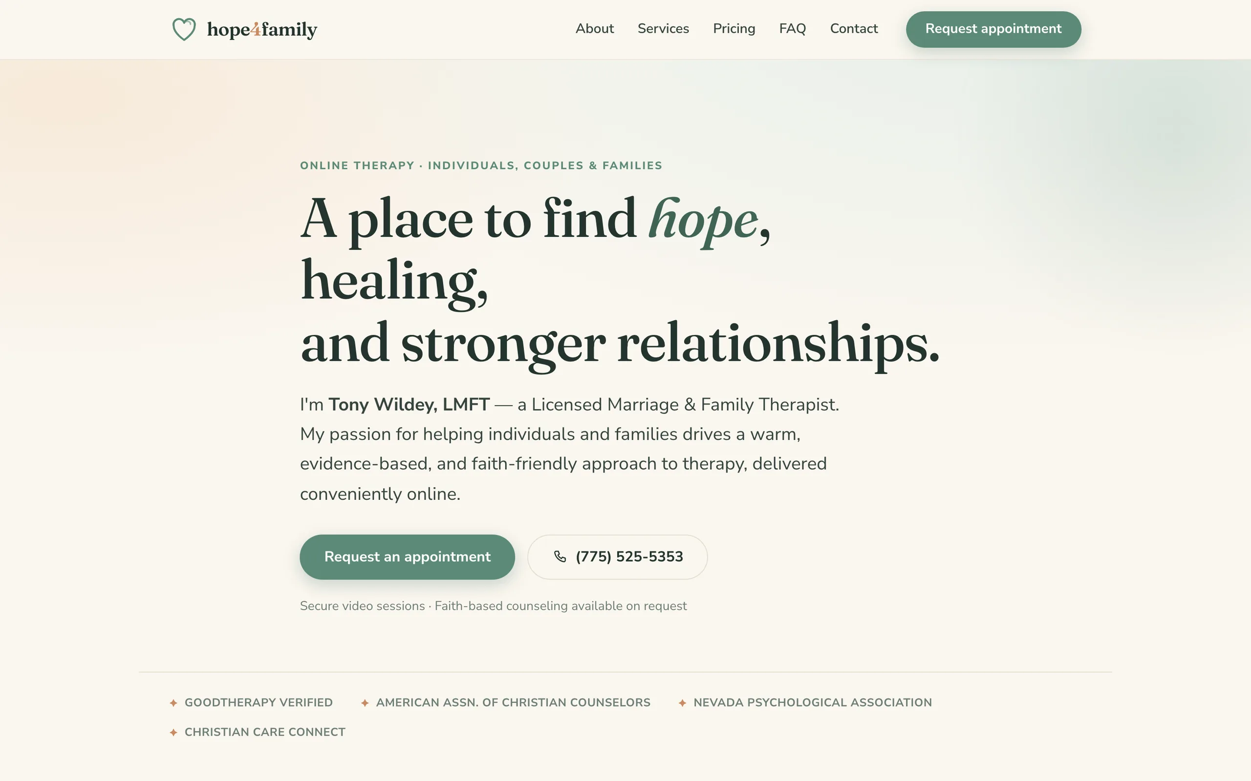 Hope4Family, an online therapy practice's home page