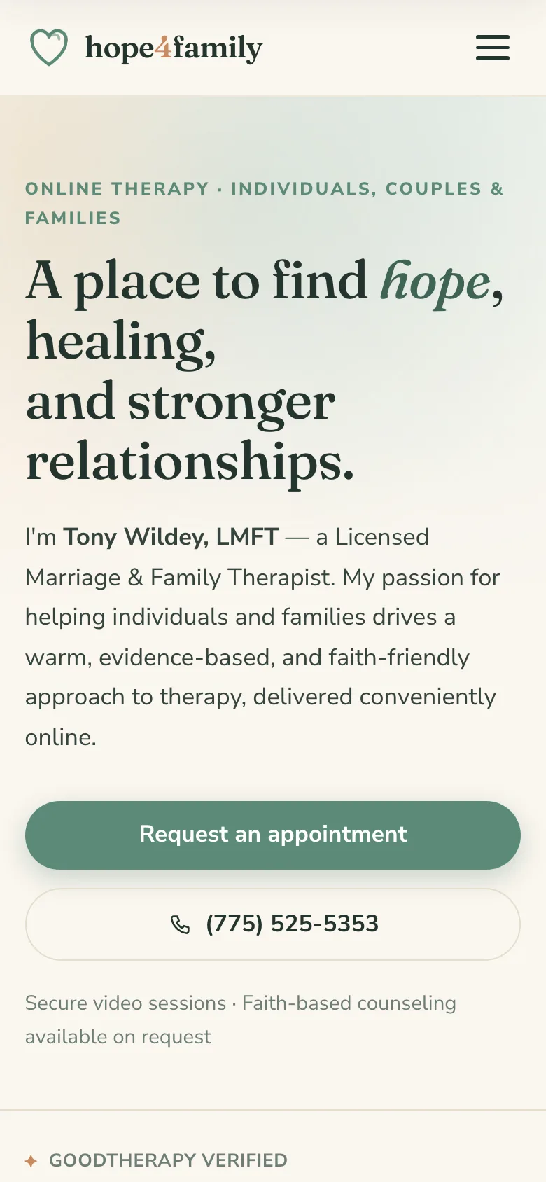 Hope4Family on a phone, with the same request-an-appointment button