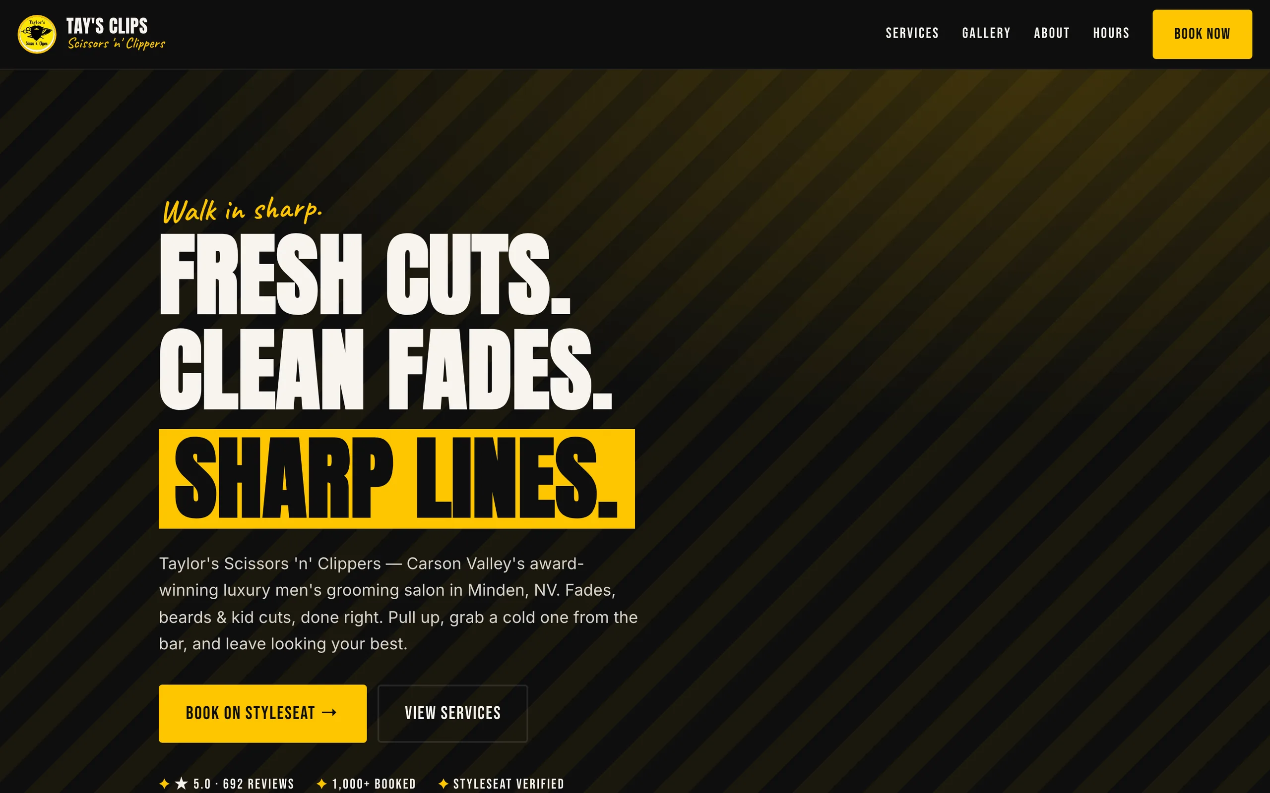 Tay's Clips, a barbershop's home page with a Book now button