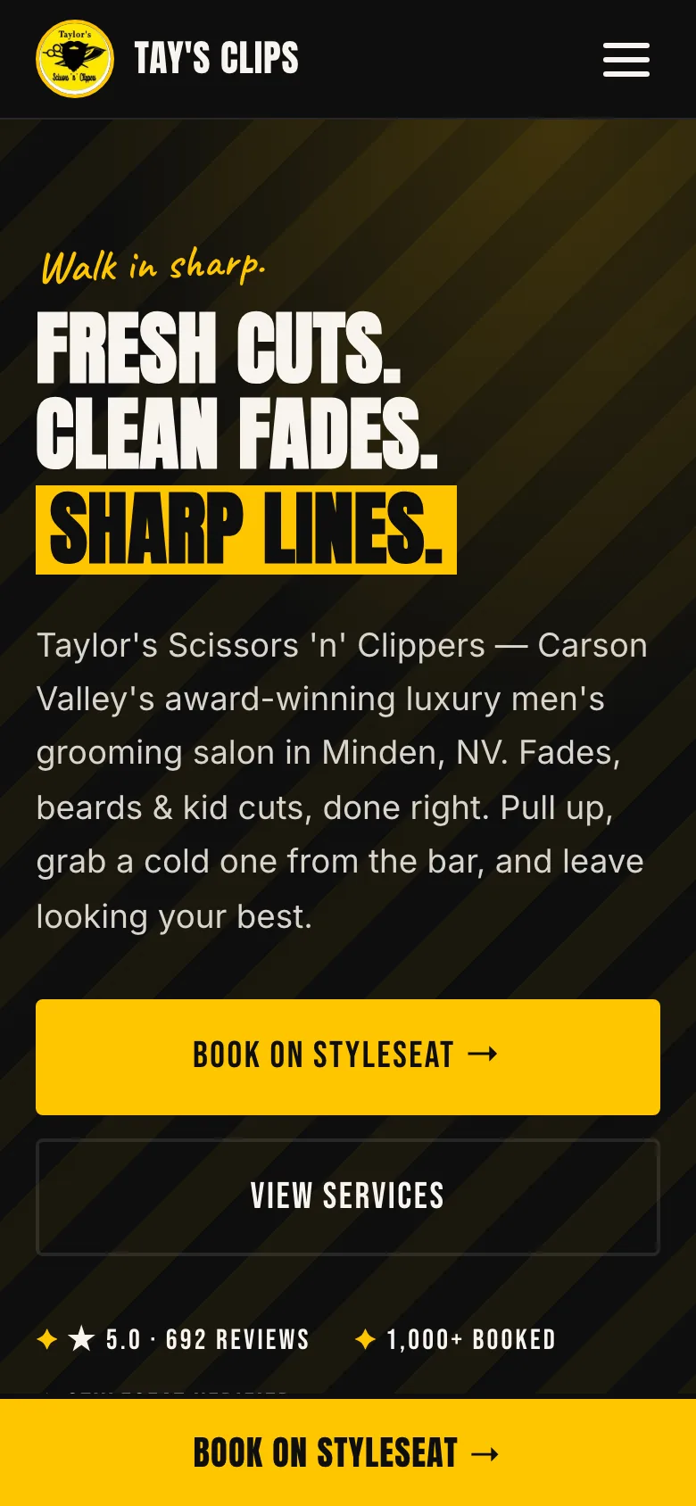 Tay's Clips on a phone, with the same booking and services buttons