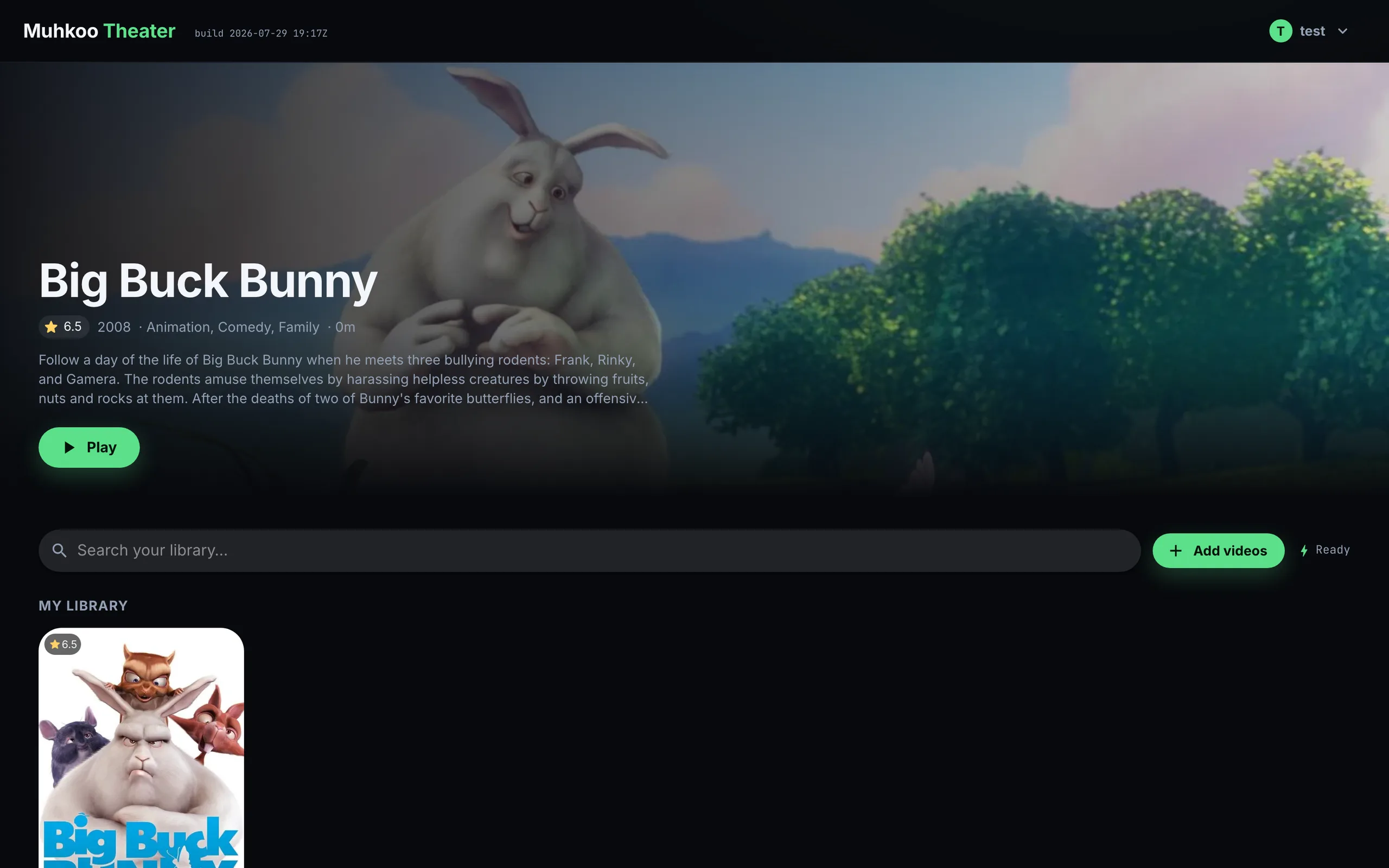 Theater, a video app built on Muhkoo: a film ready to play above the user's library